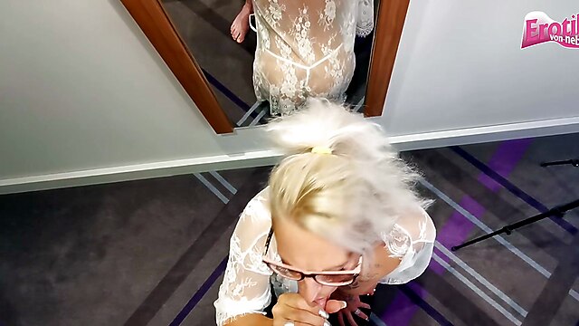 German milf with glasses, blonde german skinny milf, pov glasses blowjob, glasses teen pov, thin german blonde